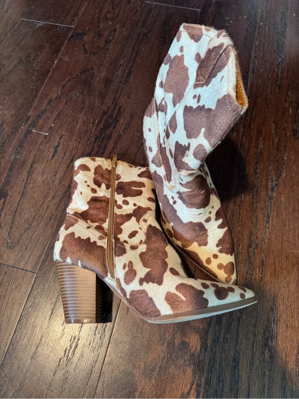 Cow-Print Brown & White Ankle Heeled Boots